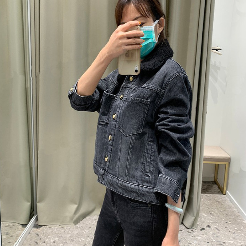 毛领牛仔拼接金属扣夹克外套