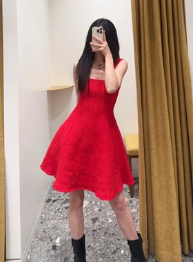 2025春夏新款女装法式红色收腰吊带短款针织连衣裙MFPRO04046