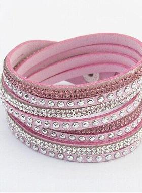 女式长卷绕针织钻石水晶皮手镯