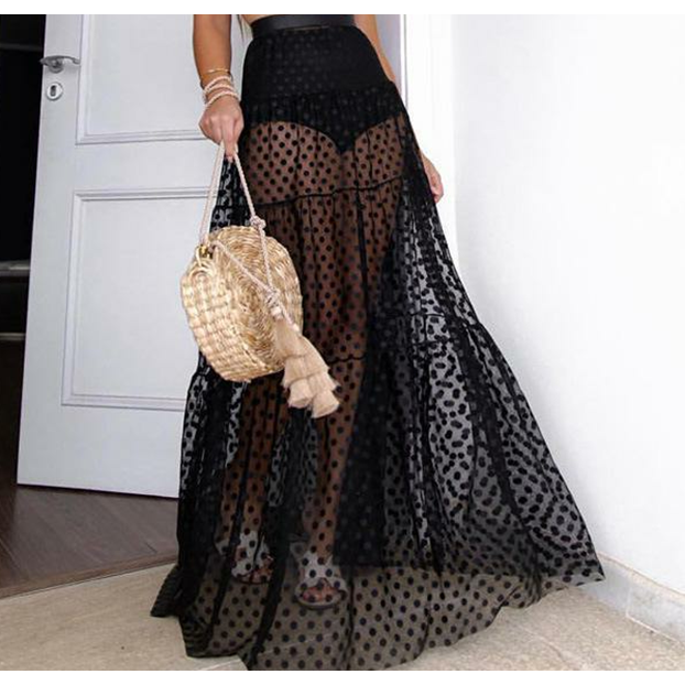 women lace mesh dot skirt beach 透视性感长裙纱纱裙夏季9012