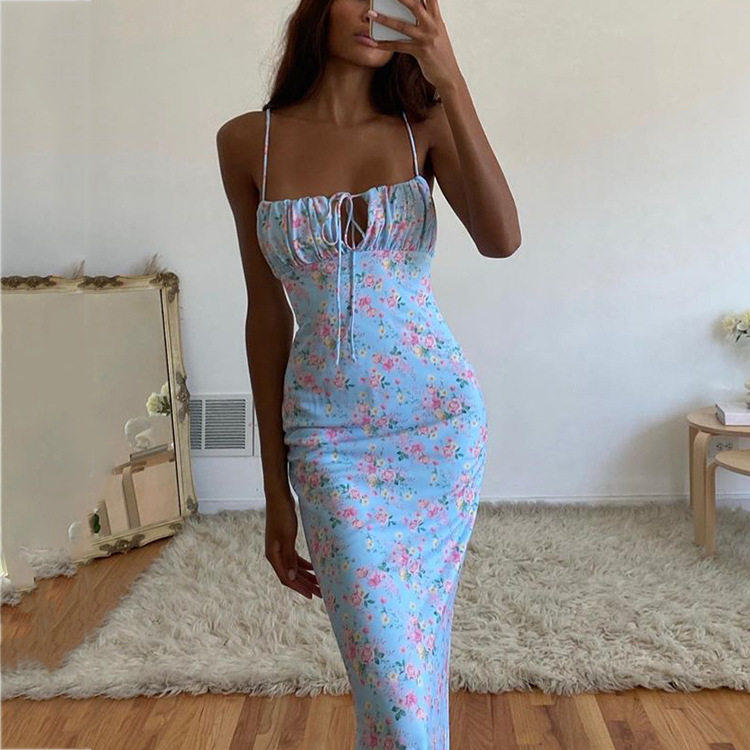 New Sexy Floral Pleated Backless Lace-up Lace-up Dress