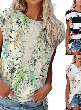 2021 Women's top loose round neck flower print short sleeve