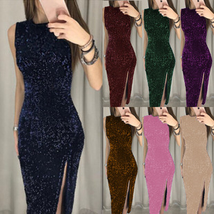 dress sequined slit 连衣裙 New female women