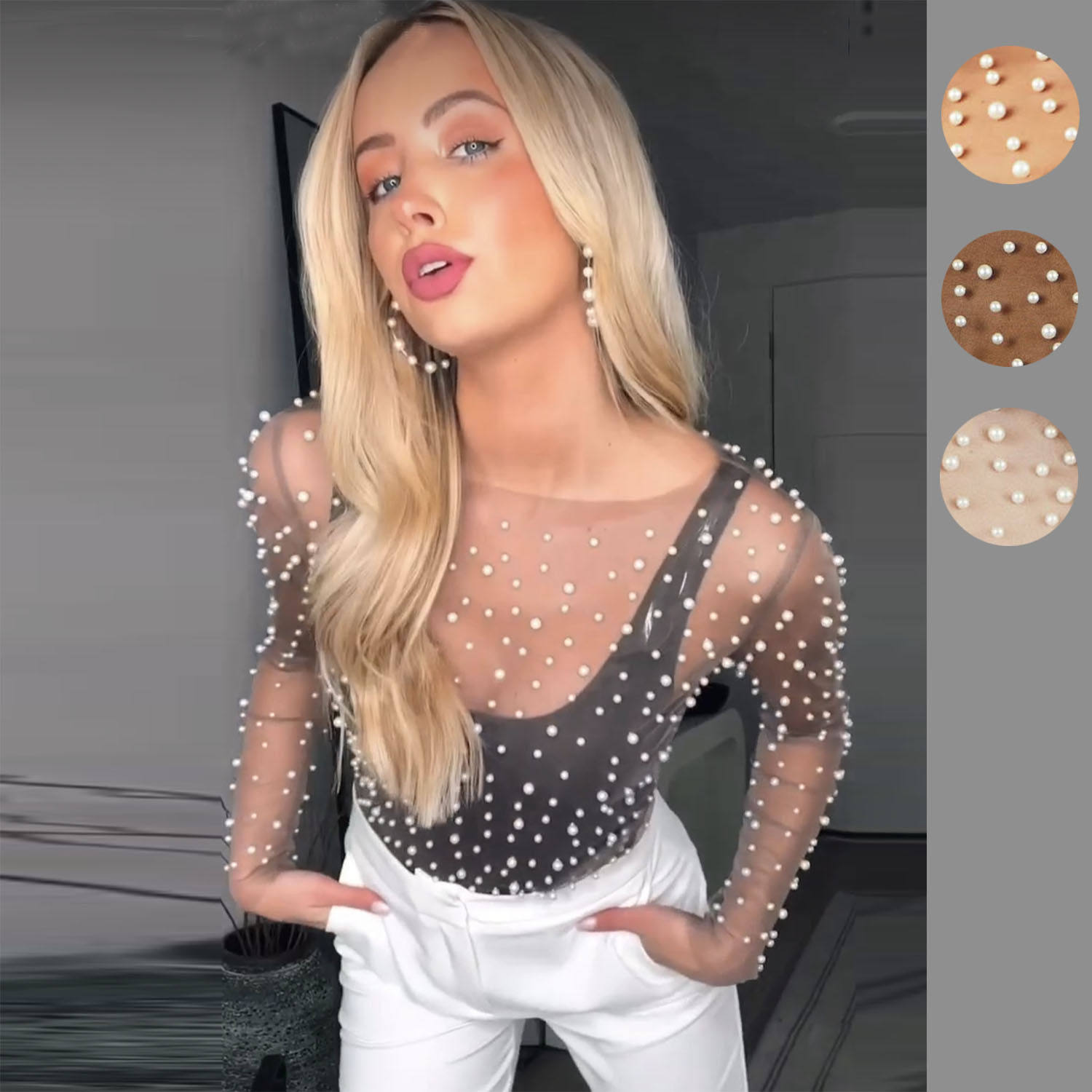Bubble bead perspective mesh long sleeved top for women