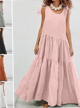 Cotton and linen V-neck sleeveless plus size dress women's