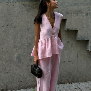 上衣马甲长裤 shirt 套装 vest set 女欧美两件套pants 棉质V领无袖