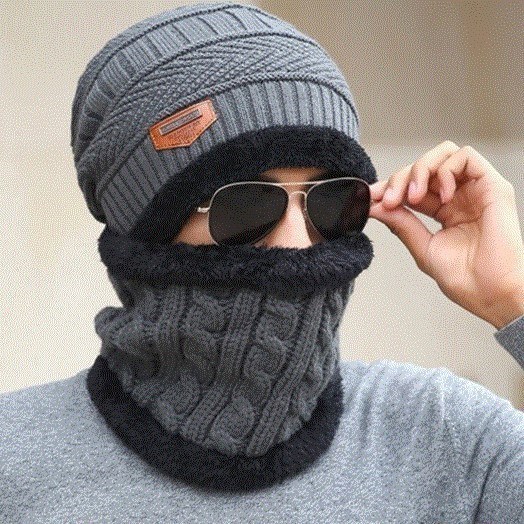 Men Winter Knit Hat boys cap+scarf warm Shawl Neck Wrap sets
