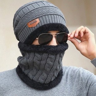 Men Winter Knit Hat boys cap+scarf warm Shawl Neck Wrap sets