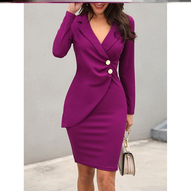优雅长袖斜扣修身连衣裙女Elegant party dress women