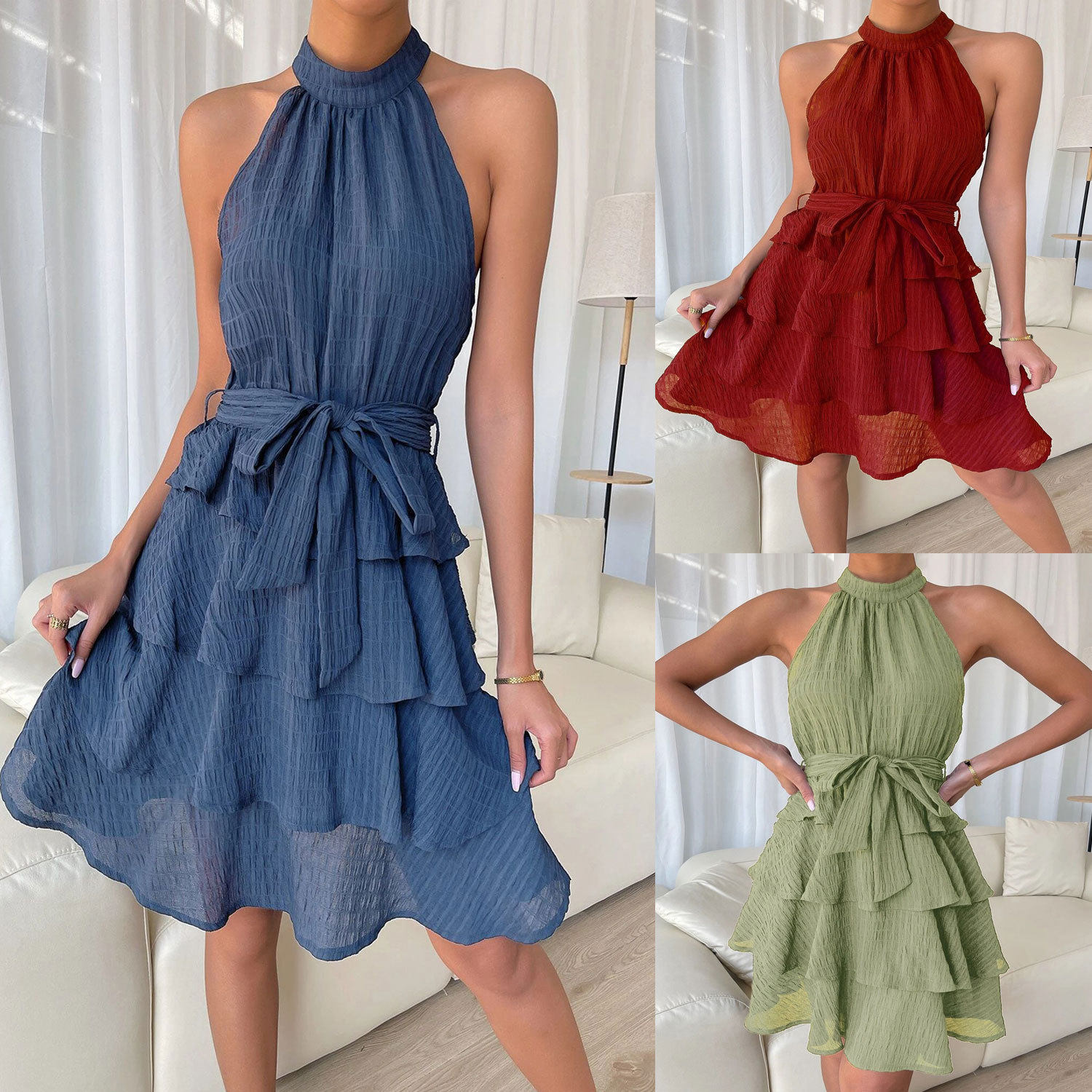 2022 new sleeveless halterneck tie waist ruffle dress 连衣裙