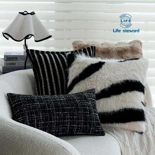 黑白抱枕轻奢覆古腰枕靠枕毛茸茸飘窗靠垫套cushion cover pillow