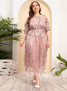 宴会派对大码连衣裙 网纱绣花晚礼服长裙子 fat lady party dress