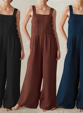 2022 new wide leg jumpsuit women side button pocket overalls