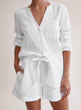 2024夏季气质双层纱布长袖短裤全棉空调服时尚白色女士休闲套装潮