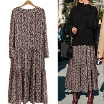 欧美特大码女装200斤碎花连衣裙长袖圆领长款宽松胖妹妹打底裙女