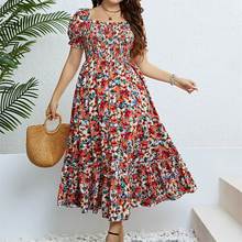 Plus Size Summer fashion print Women Dress 一字肩收腰连衣裙
