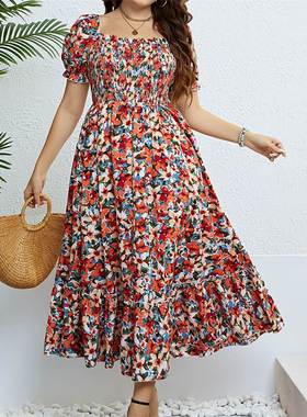 Plus Size Summer fashion print Women Dress 一字肩收腰连衣裙