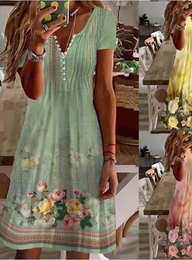 Short-sleeved printed dress woman短袖印花连衣裙女