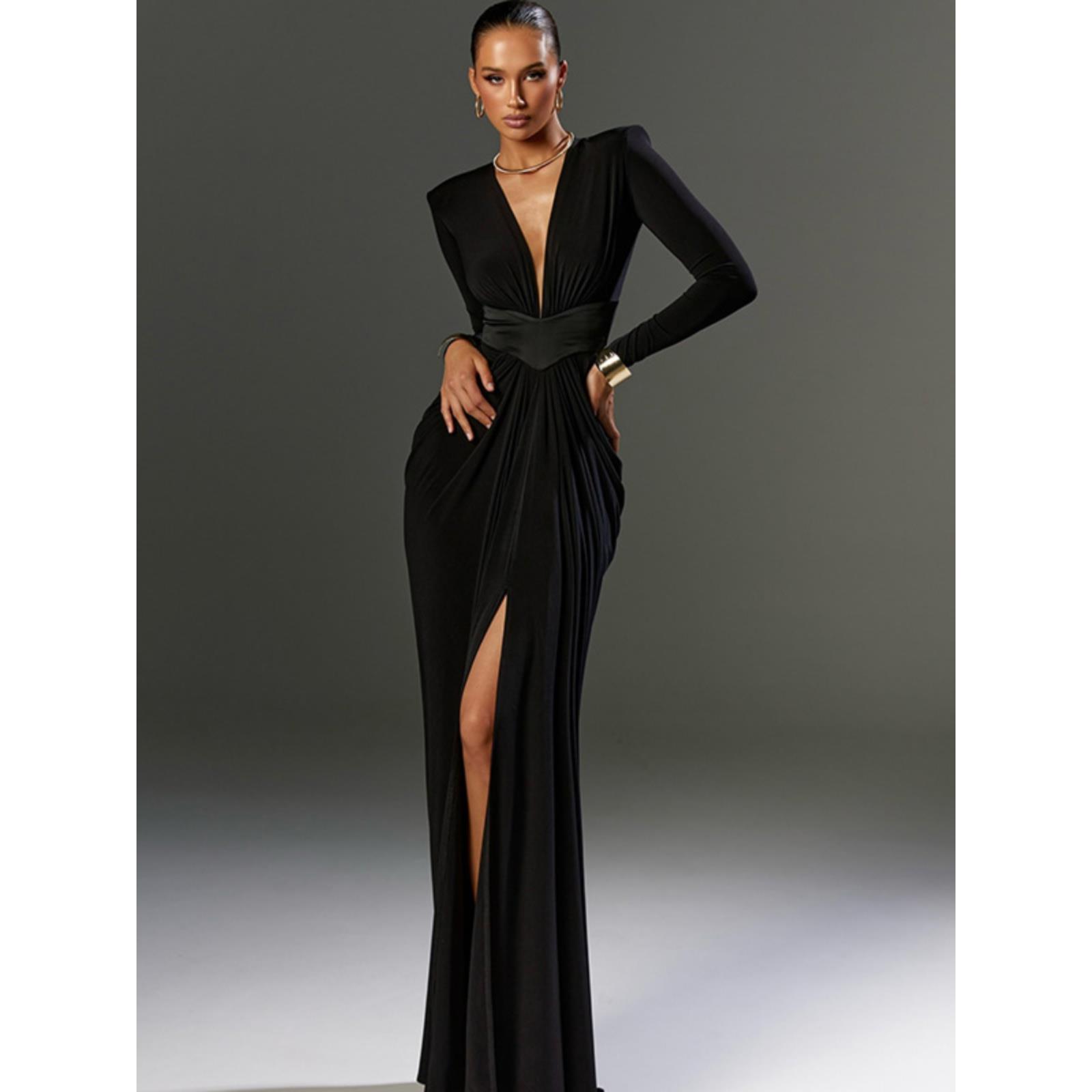 欧美时髦气质高级感V领低胸连衣裙拼接收腰设计高开叉御姐范长裙