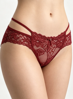 夏季新款性感蕾丝女士内裤红色低腰绑带T裤无痕透气纯棉裆