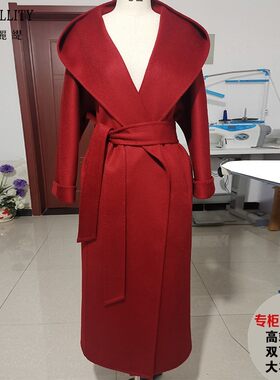 连帽水波纹双面羊绒大衣黑