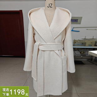 连帽加厚羊驼绒阿尔巴卡高端带里衬白色短款大衣超保暖毛呢外套女