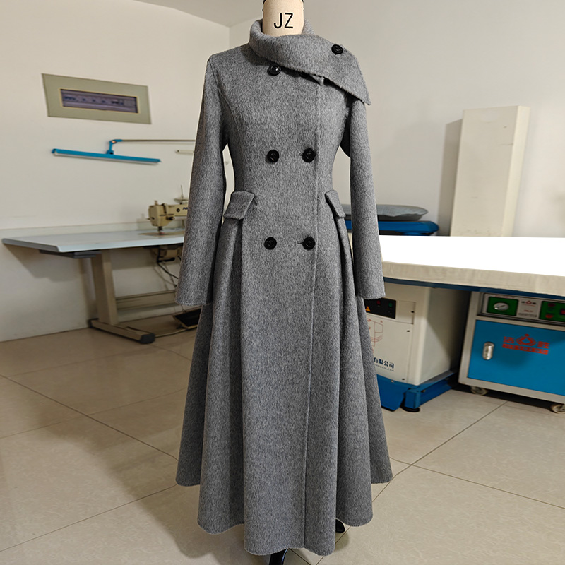 羊驼绒加厚伞摆冬季高端灰白色黑长款双面羊绒大衣保暖毛呢外套女