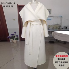 加厚双面羊绒大衣阿尔巴卡羊驼绒保暖大翻领黑色冬新款羊毛外套女