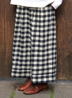 inLESS | 屿麻纪 isola e lino 格纹羊毛翻边长裤