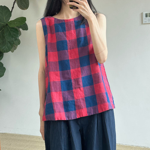 inLESS丨Toast Gingham Check Linen Tank英国亚麻格子背心上衣女