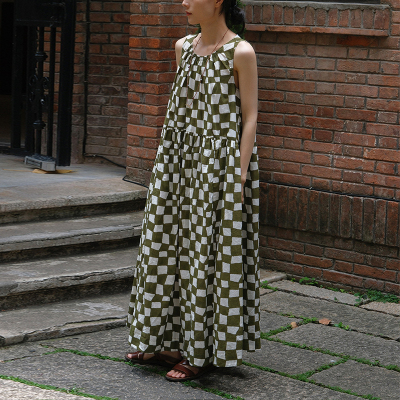 inLESS丨Toast Block Print Warp Check 纯棉格纹无袖连衣裙女