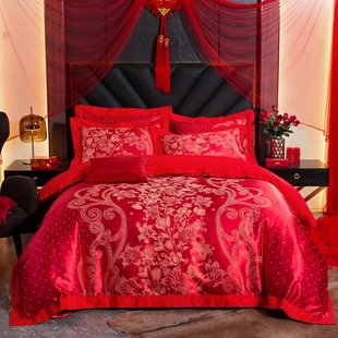 结婚四件套大红色婚嫁全棉贡缎被套床单床上用品被子喜被婚庆床品