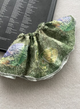 绿色超大号发圈肌理蝴蝶印花荷叶边古风法式韩版网红小众潮气质