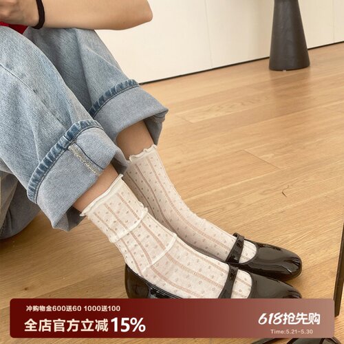 棉质蕾丝提花女透气复古堆堆袜