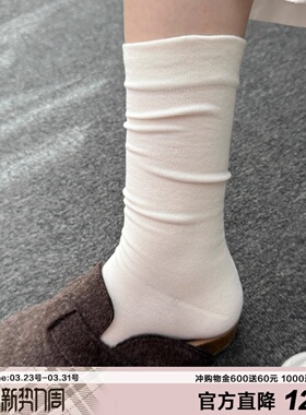 新疆棉无骨月子袜子女中筒袜纯棉春秋白色堆堆袜纯色夏季松口长袜