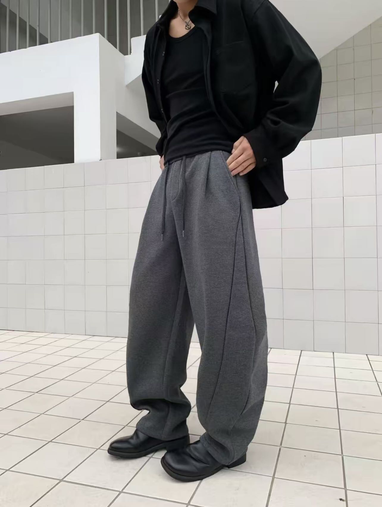 硬核型男冬季加绒加厚灰色宽松弯刀裤阔腿裤香蕉裤休闲卫裤男