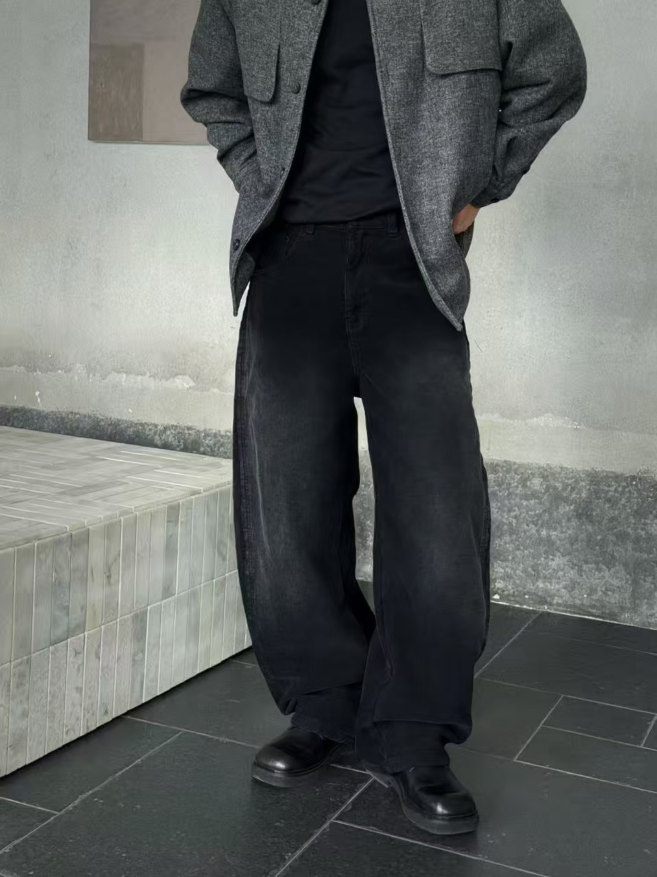 硬核型男冬季磨毛加厚灯芯绒洗水做旧弯刀裤香蕉裤阔腿裤休闲裤男