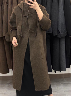 暖色象新款 双面羊绒大衣女牛角扣加厚羊毛呢子外套 学院风中长款