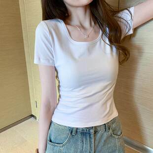 白色短袖修身t恤女士夏装新款正肩纯棉紧身质感上衣女纯色内搭潮