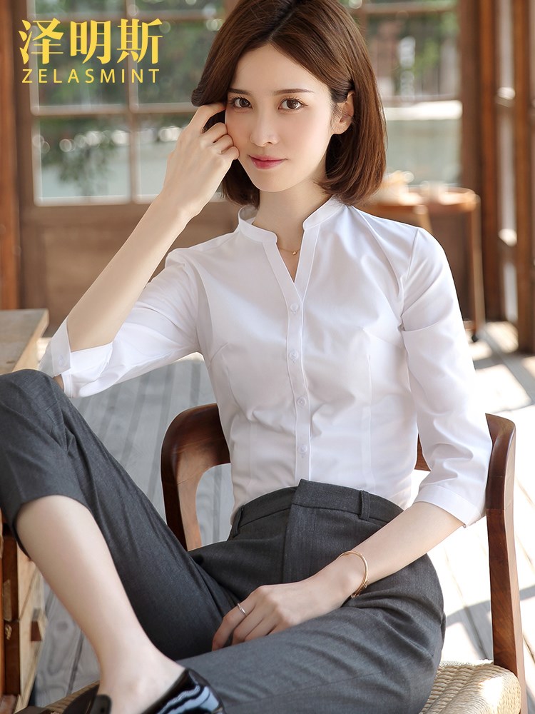 泽明斯七分袖白衬衫女夏季薄款职业正装工作服立领设计感小众衬衣