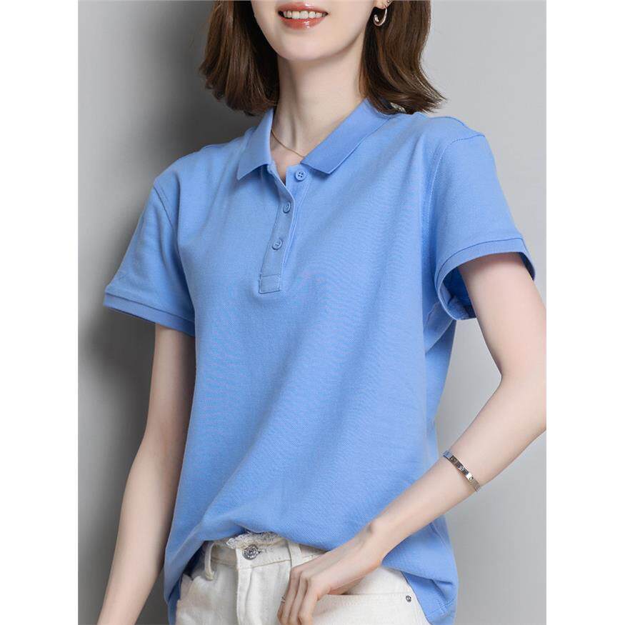 夏季短袖t恤女纯棉polo衫翻领纯色体恤工作服定制加logo运动上衣