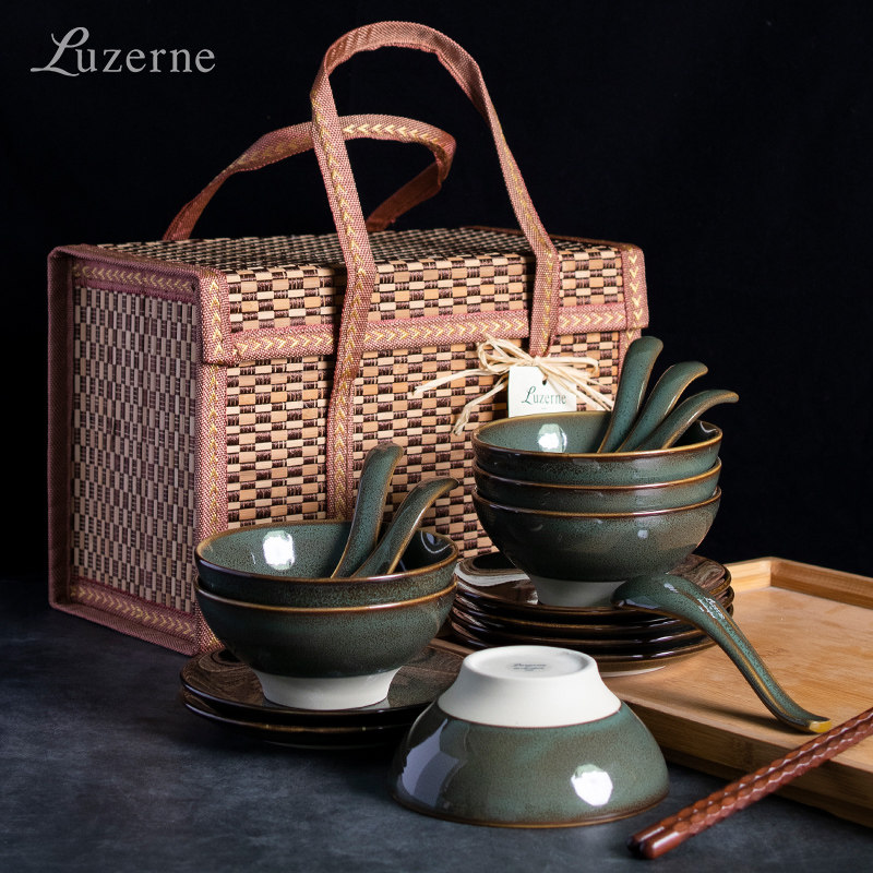 Luzerne陆升18头6人碗碟勺套装窑变绿色餐具整套礼盒包装饭碗汤勺,餐饮具,餐具瓷器套装,淘宝优惠券,粉丝福利购,淘宝优惠卷