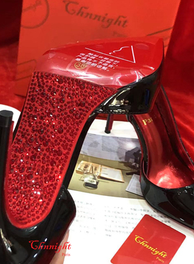 IRIZA新品侧空水钻底高跟鞋镭射红婚鞋细跟红内里黑色12cmCL单鞋