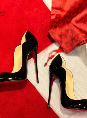 弧形波浪CL红底鞋12cm高跟鞋细跟黑色性感单鞋床上女鞋保密发货