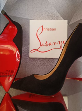 Lasanye2026新款尖头黑色CL红底单鞋真皮浅口性感牛反绒高跟鞋女