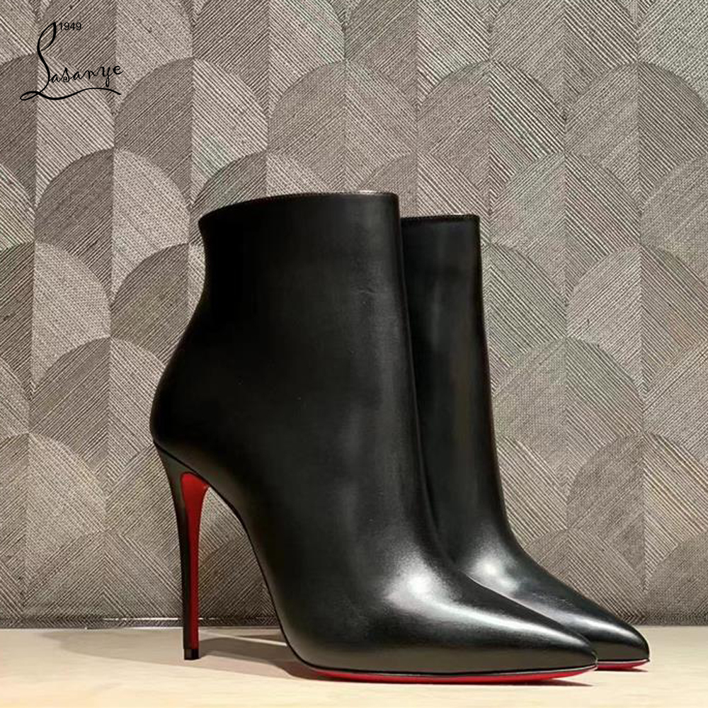 羊纹皮黑色2025秋冬新款女鞋尖头红底靴裸靴百搭真皮cl短靴女细跟