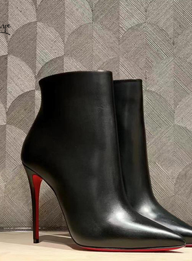 羊纹皮黑色2025秋冬新款女鞋尖头红底靴裸靴百搭真皮cl短靴女细跟