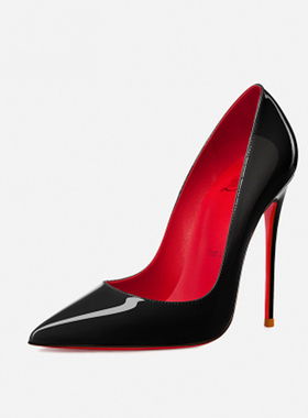 LASANYE1949 真皮名媛12cm高跟鞋黑漆皮性感细跟浅口低跟单鞋女