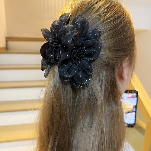 网纱水晶花朵抓夹后脑勺鲨鱼夹