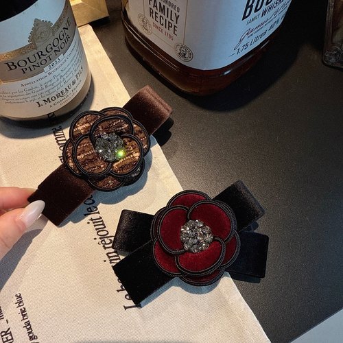 秋冬丝绒蝴蝶结水钻山茶花顶夹